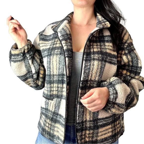 Sanctuary Black & Tan Plaid Sherpa Shacket Size XL - Picture 1 of 9